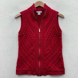 Liz Claiborne Woman's Medium Petite Zip Up Sweater Vest Red Cable Knit